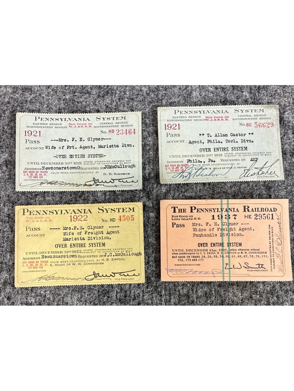 4 Vintage 1920s 1930s Railroad Train Passes Pennslyvania System Marietta OH